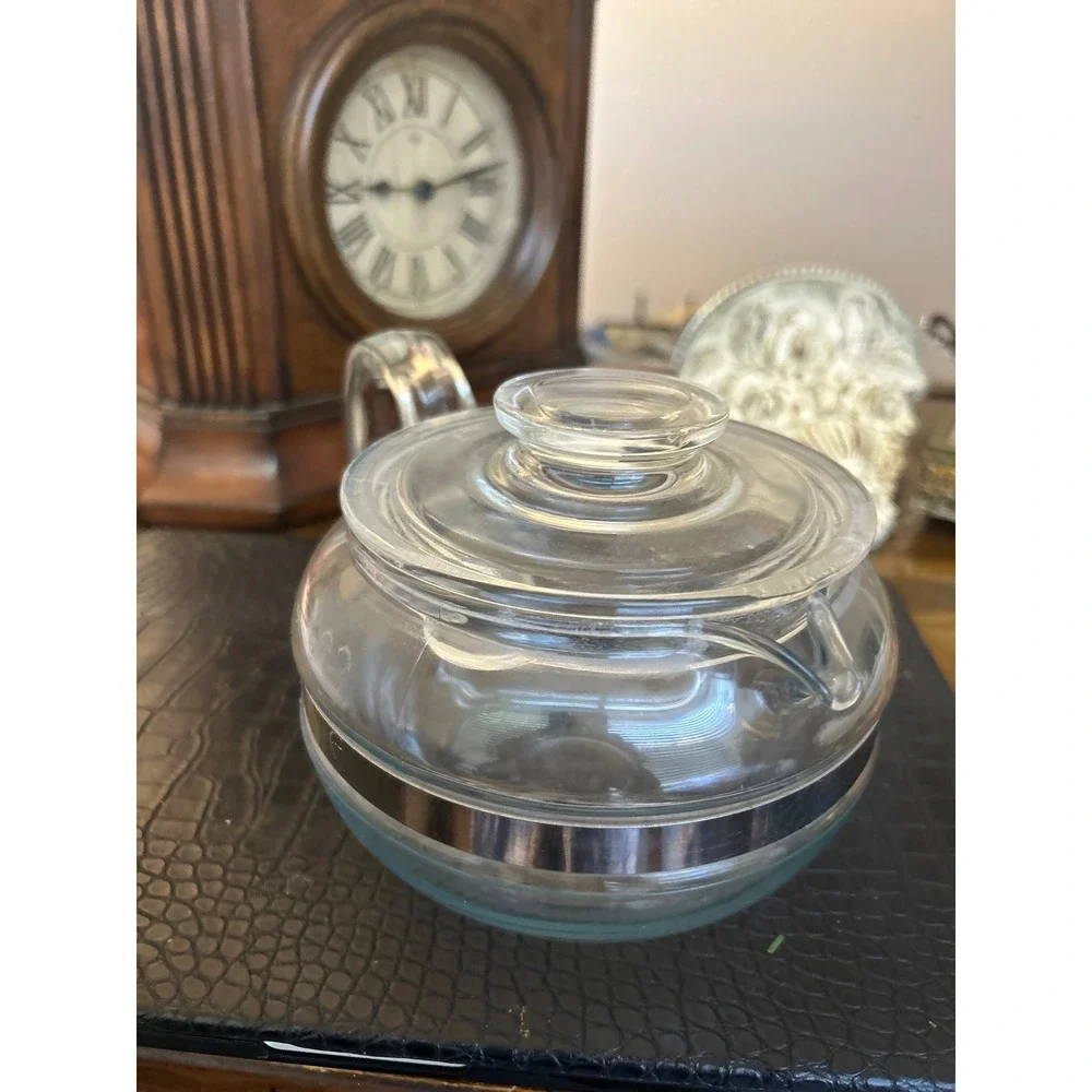 Vintage Pyrex Glass Teapot with Lid and Stainless Steel Band Clear Handle MCM